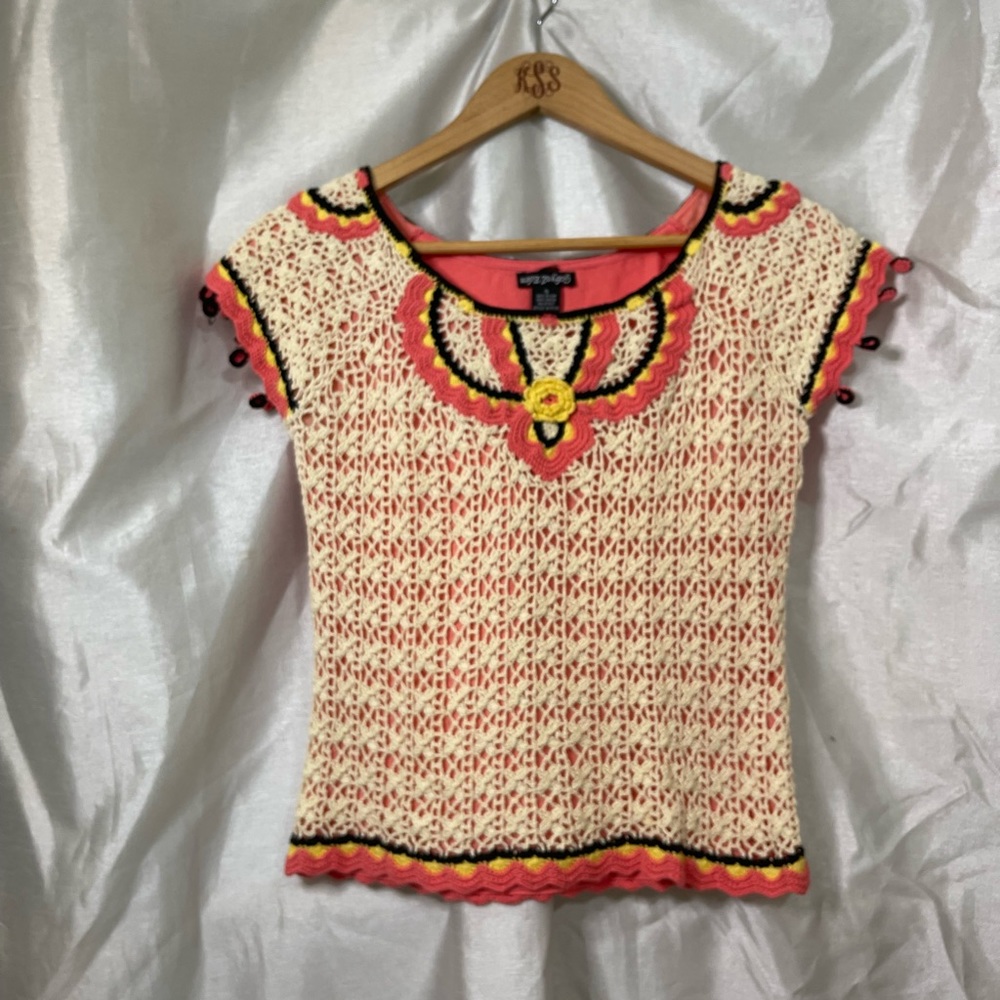 y2k Summer Spring Fairy Bright Coral Cream Yellow Crochet Knit Short Sleeve Top